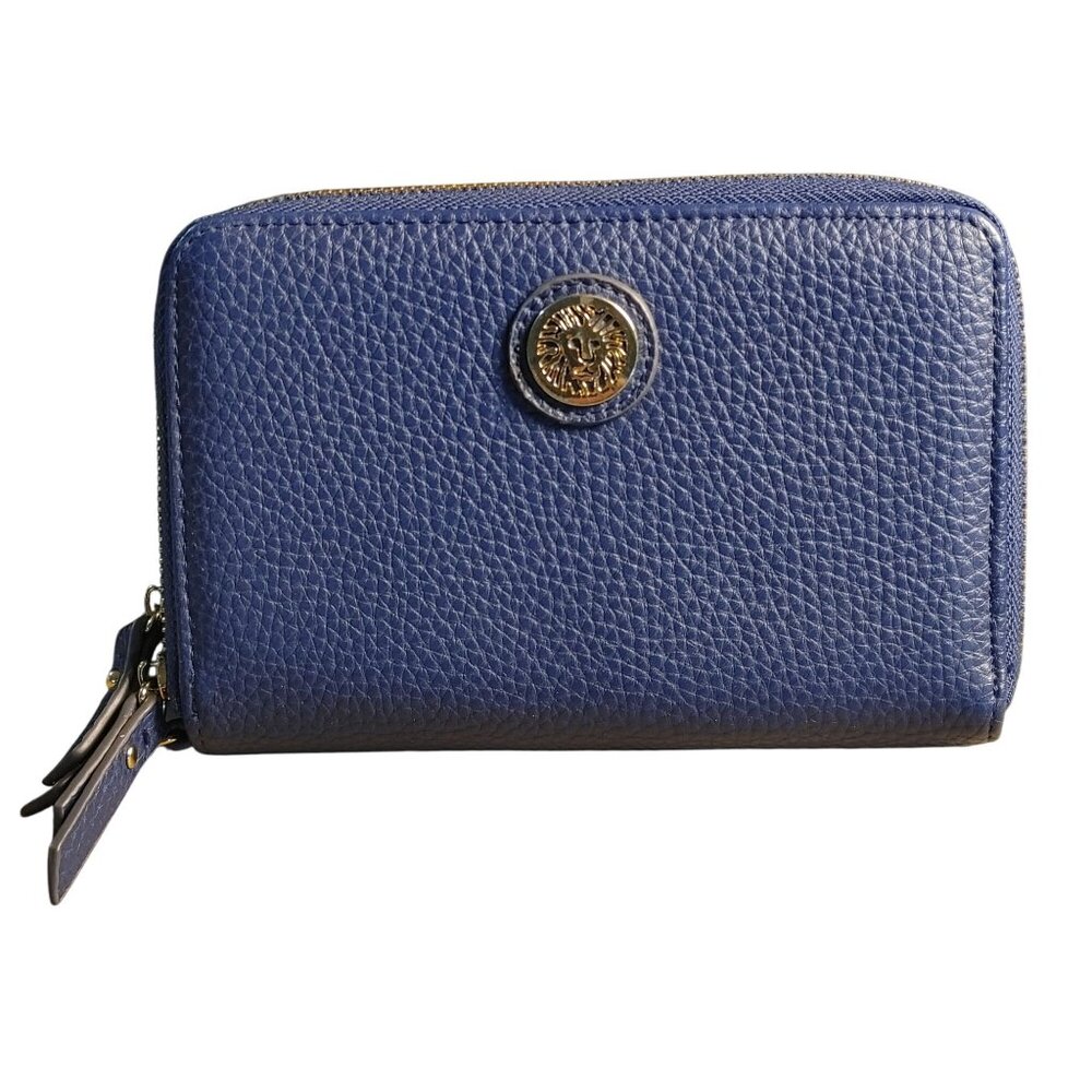 Anne Kline Blue Leather Zip Wallet Gold Lion Medallion Double Compartments